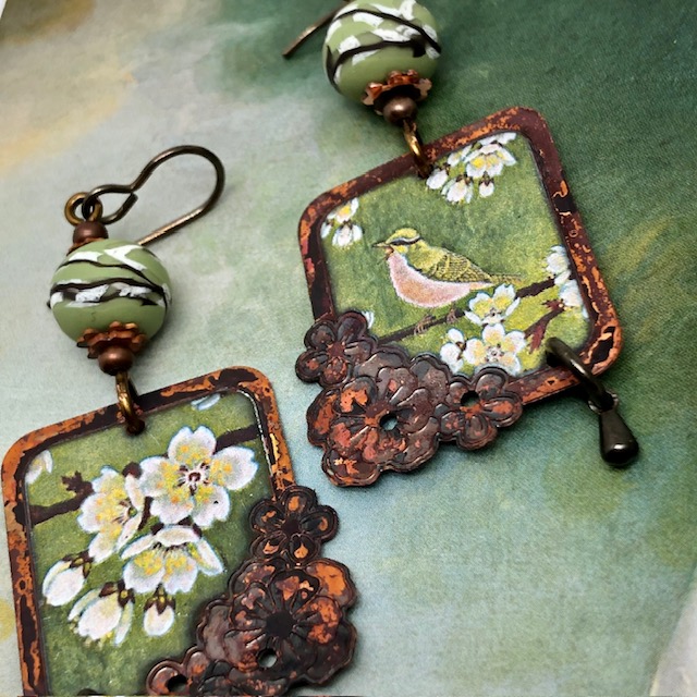 Boucles d'oreilles Flowers and bird, fleur, oiseau, nature – Image 2