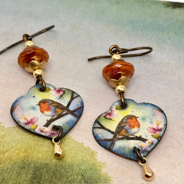 Boucles d'oreilles Rouge-gorge, coeur, nature, printemps – Image 4