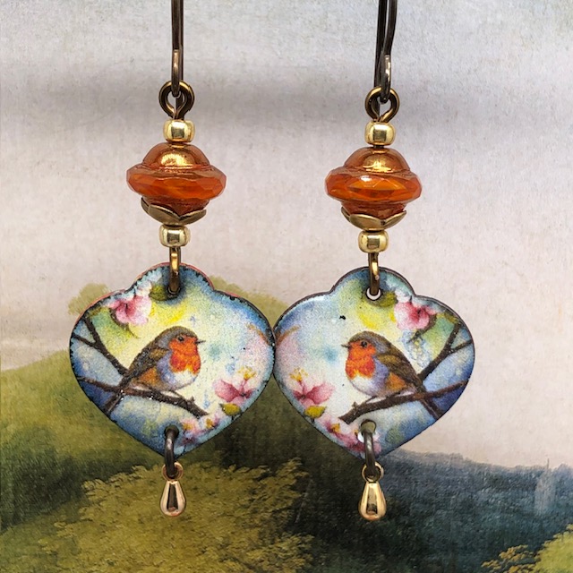 Boucles d'oreilles Rouge-gorge, coeur, nature, printemps – Image 5