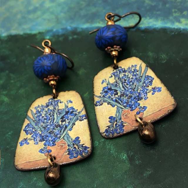 Boucles d'oreilles Van Gogh, Vase avec Iris, art, jaune – Image 2