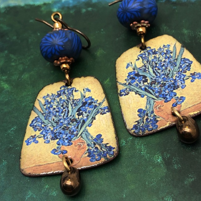 Boucles d'oreilles Van Gogh, Vase avec Iris, art, jaune – Image 4