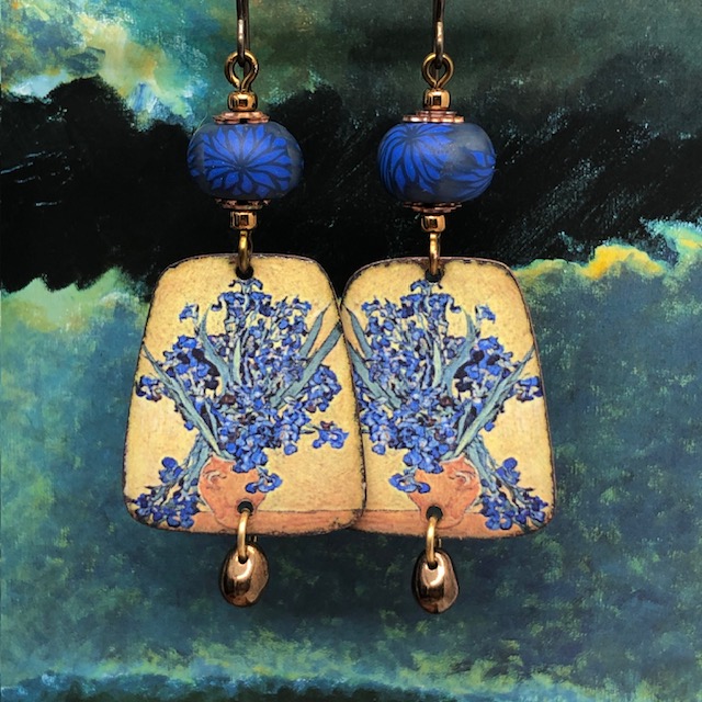 Boucles d'oreilles Van Gogh, Vase avec Iris, art, jaune – Image 5